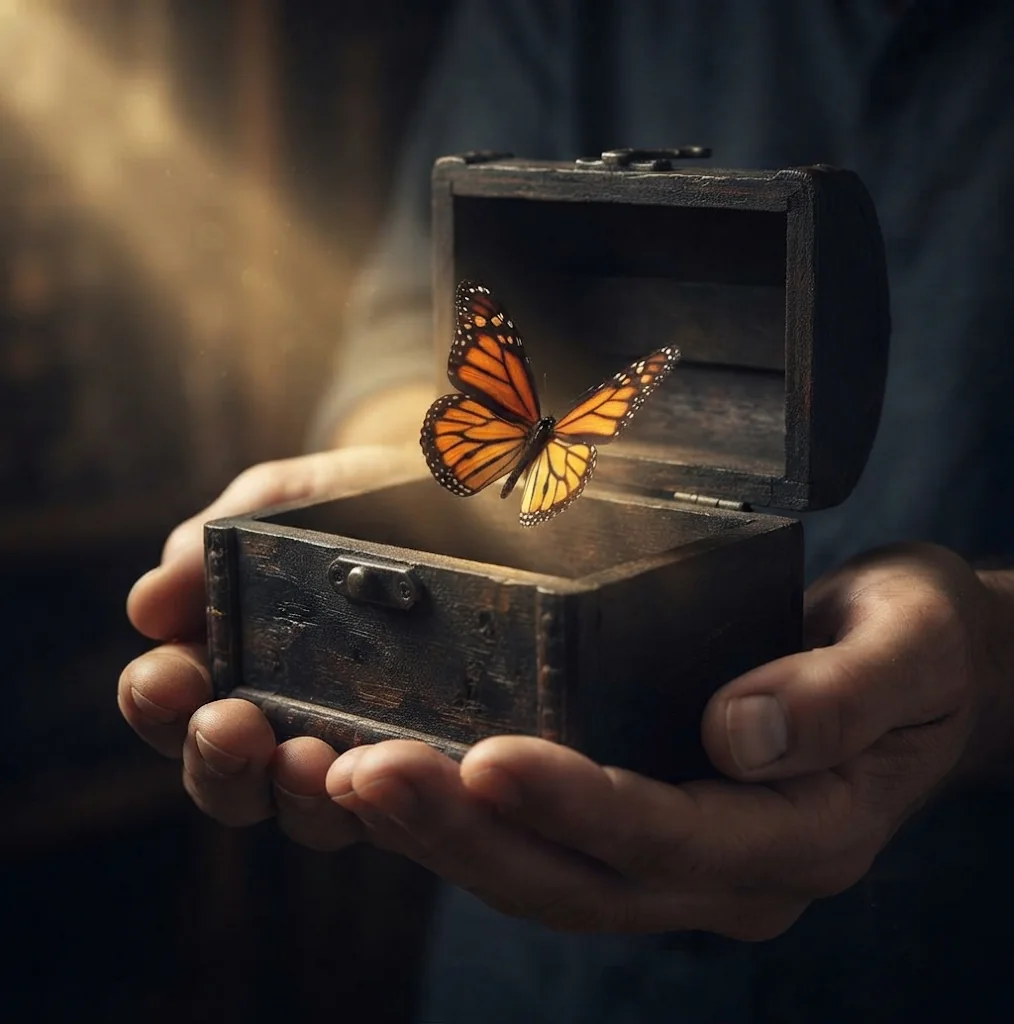 Open wooden box held in two cupped hands, a monarch butterfly rising from it into the light